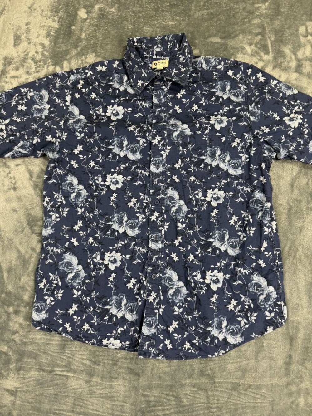Haggar Mens Blue Floral Button-Up Shirt XL Casual Short Sleeve Cotton